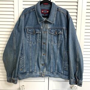 Vtg DG Denim Gear Trucker Biker Jean Denim Jacket Men’s L Button Front Classic